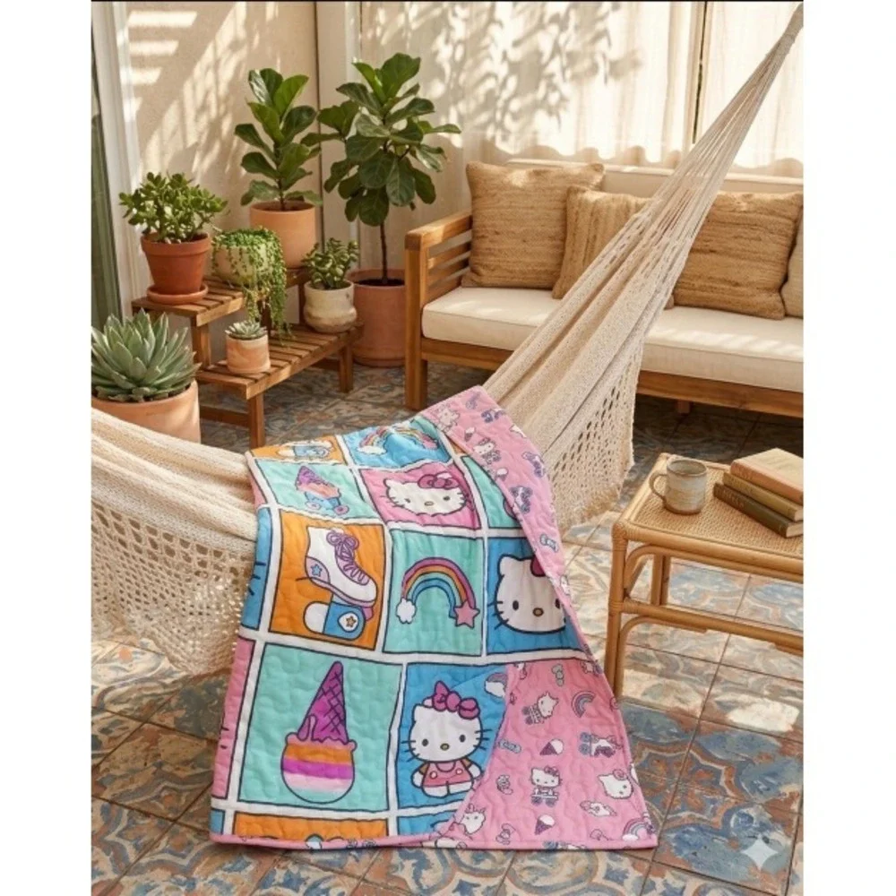 Reversible Quilted Hello Kitty Twin‎ Blanket – Vibrant Multicolor Cozy Style